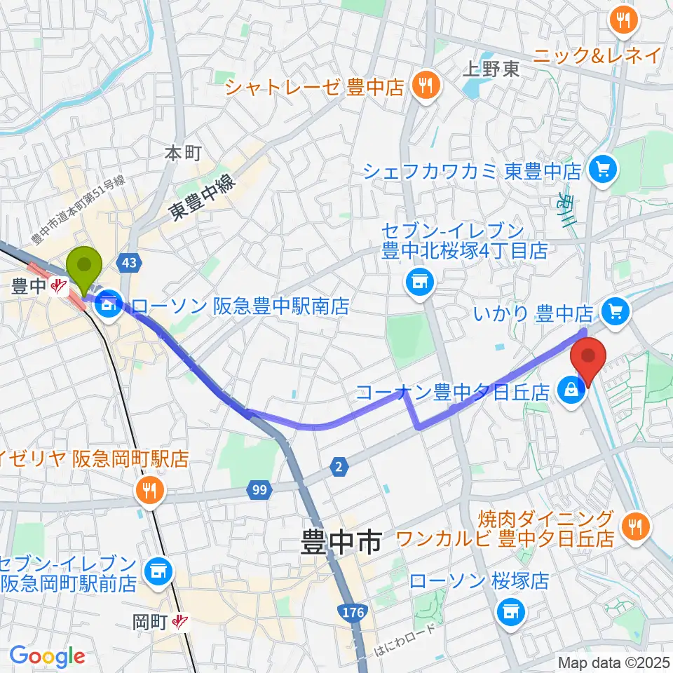 豊中駅からルビーノ音楽教室へのルートマップ地図