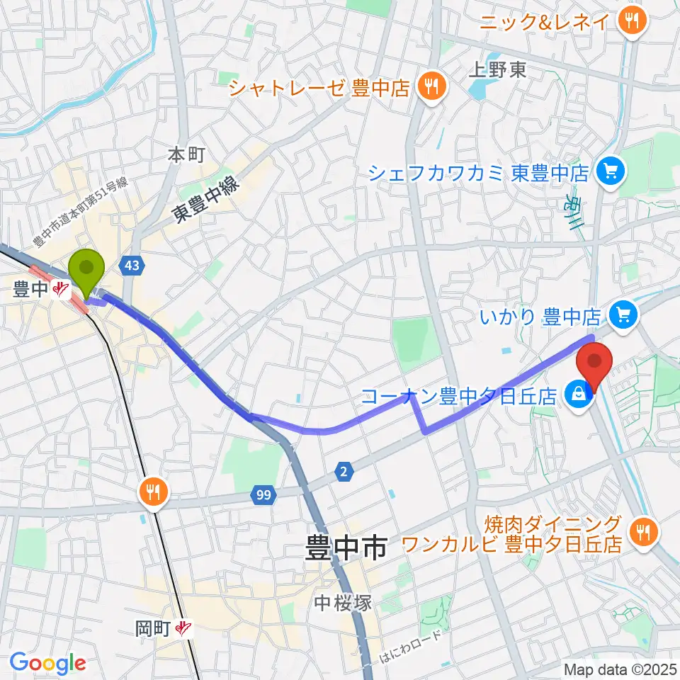 豊中駅からルビーノ音楽教室へのルートマップ地図