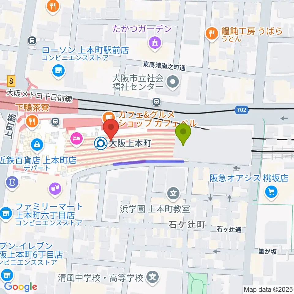 小阪楽器 上本町近鉄店の最寄駅大阪上本町駅からの徒歩ルート（約2分）地図