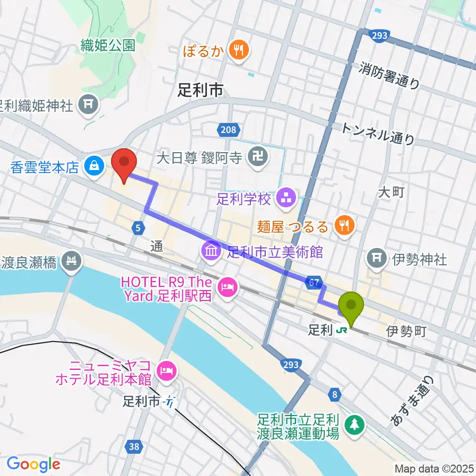 足利駅からサウンド・ジムあしかがへのルートマップ地図