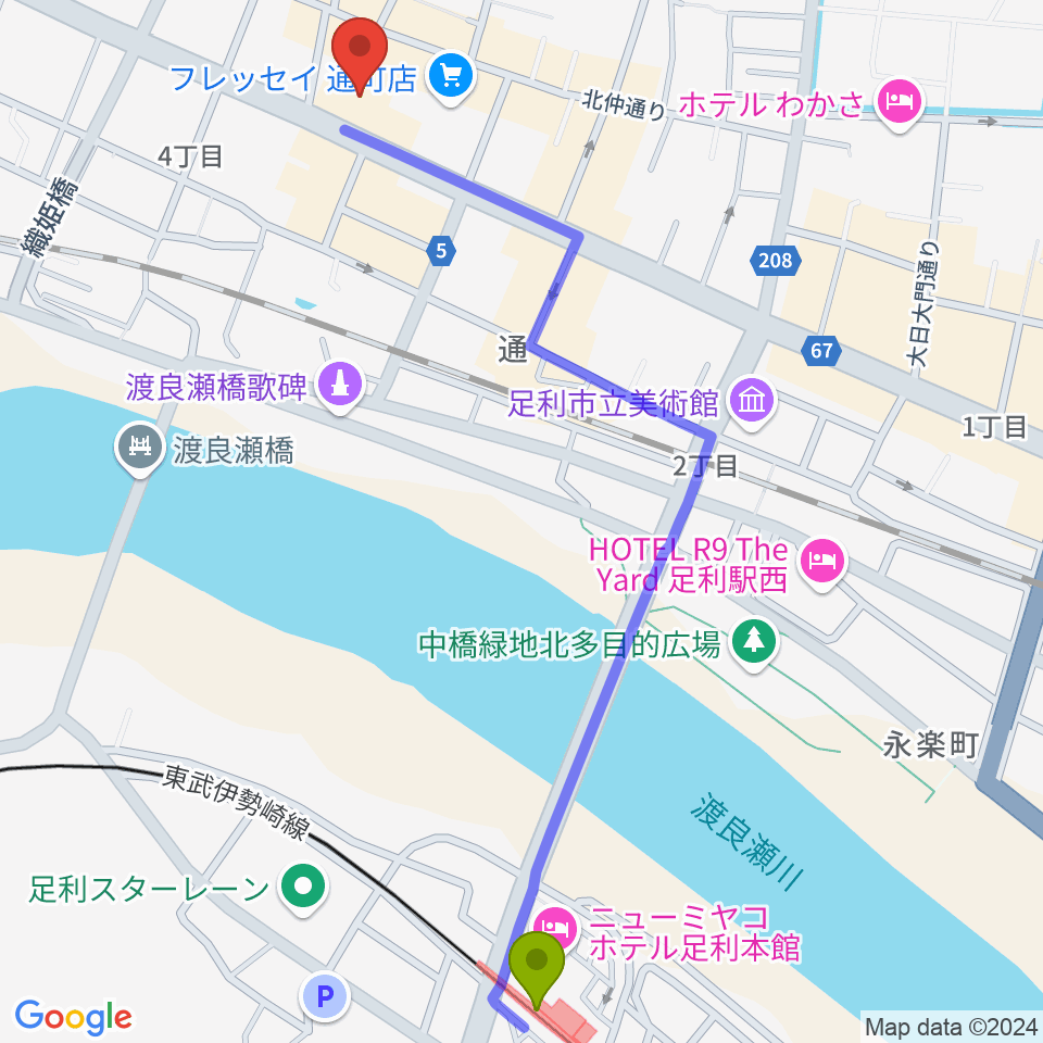 サウンド・ジムあしかがの最寄駅足利市駅からの徒歩ルート（約14分）地図