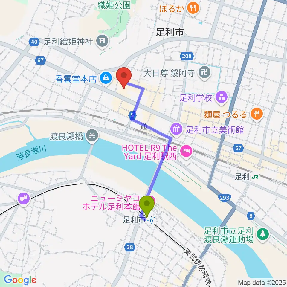 サウンド・ジムあしかがの最寄駅足利市駅からの徒歩ルート（約14分）地図