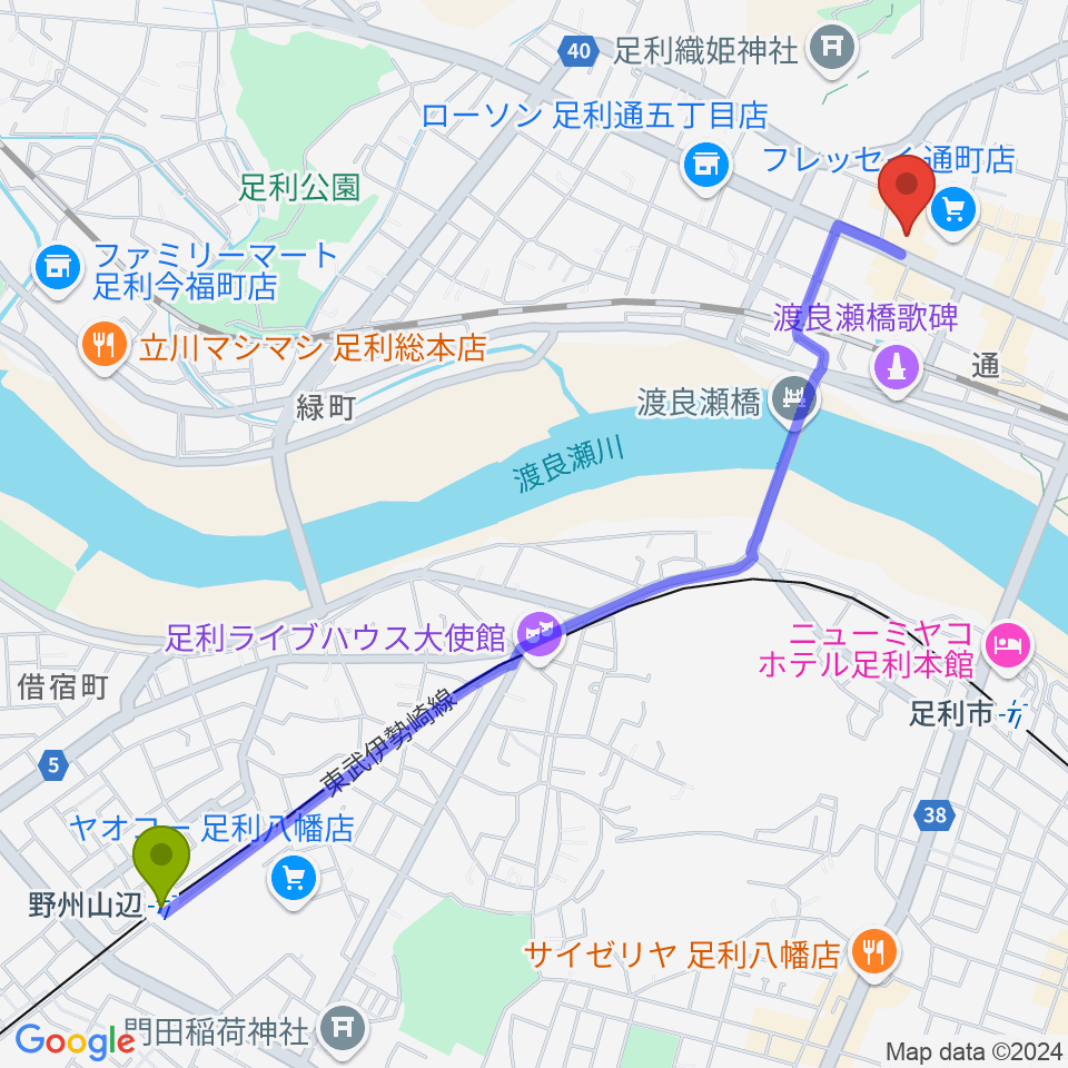 野州山辺駅からサウンド・ジムあしかがへのルートマップ地図