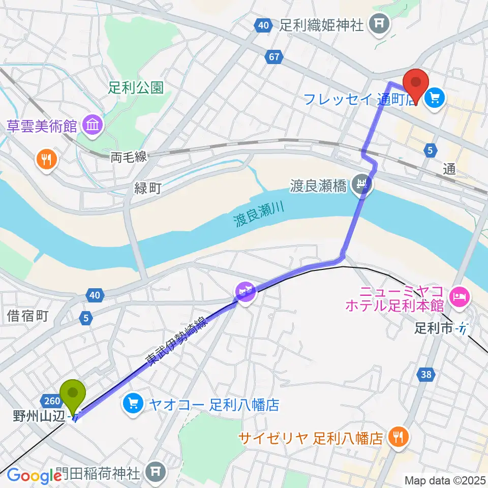 野州山辺駅からサウンド・ジムあしかがへのルートマップ地図