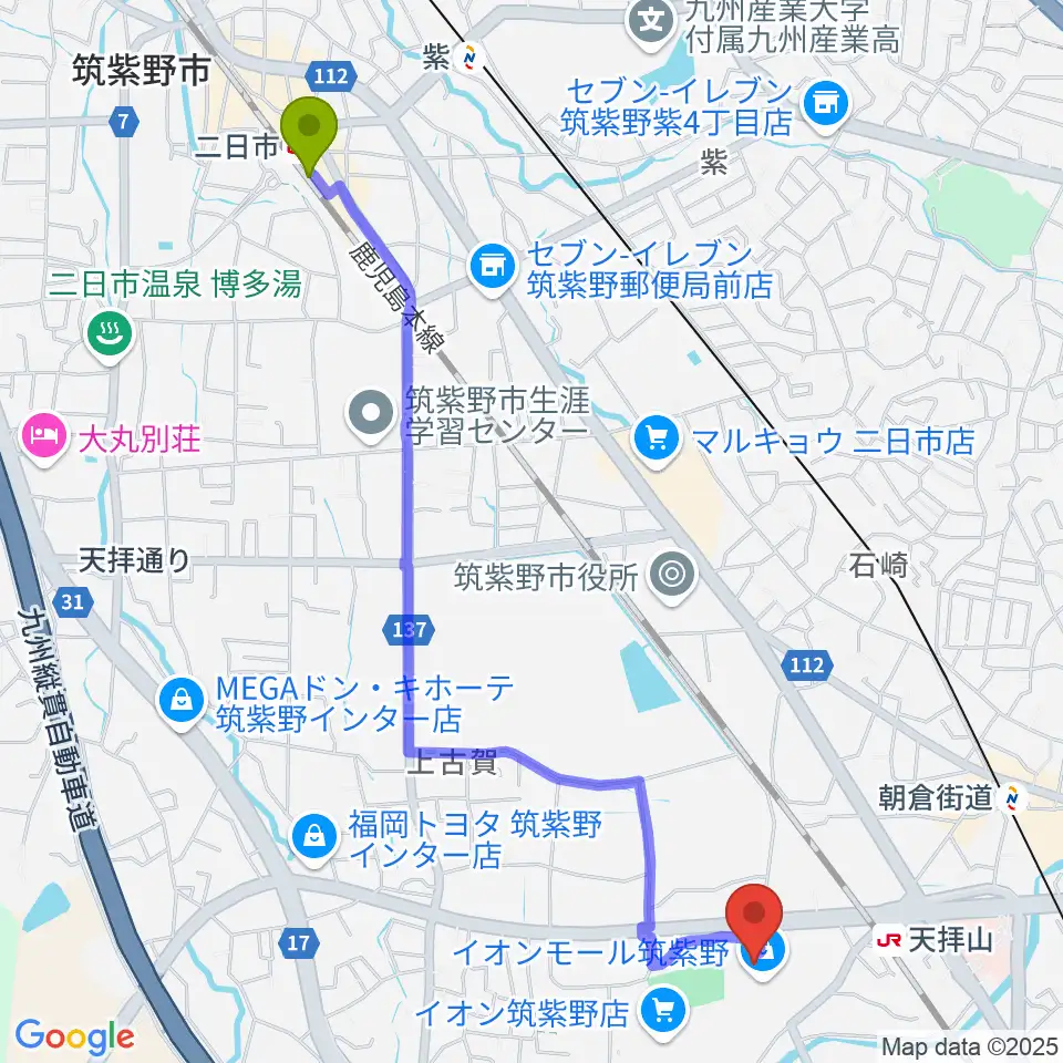 二日市駅から島村楽器 イオンモール筑紫野店へのルートマップ地図