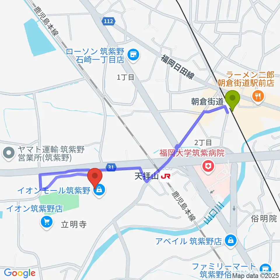 朝倉街道駅から島村楽器 イオンモール筑紫野店へのルートマップ地図