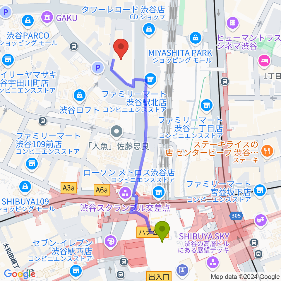 HMV&BOOKS SHIBUYAの最寄駅渋谷駅からの徒歩ルート（約5分）地図