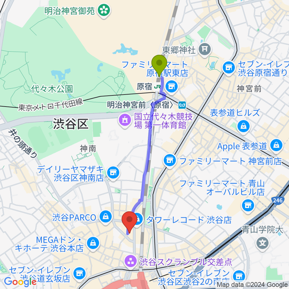 原宿駅からHMV&BOOKS SHIBUYAへのルートマップ地図