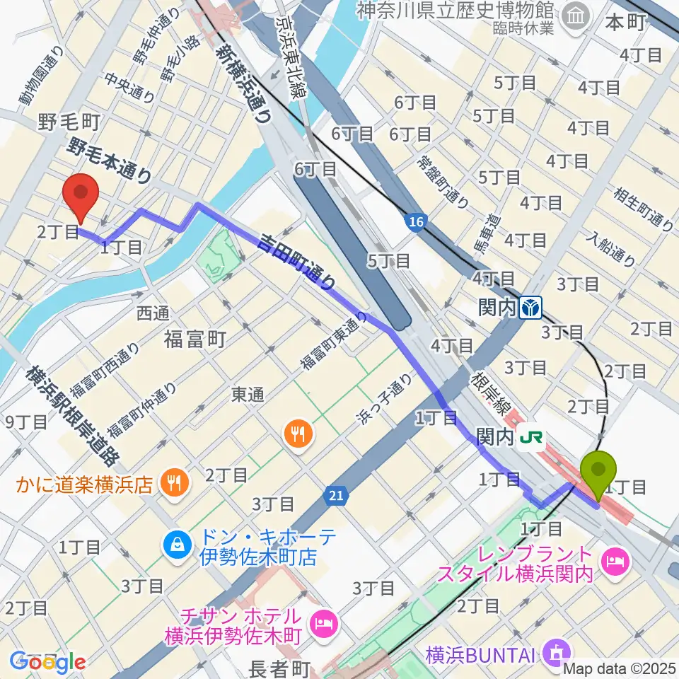 関内駅からJazz Spot DOLPHYへのルートマップ地図
