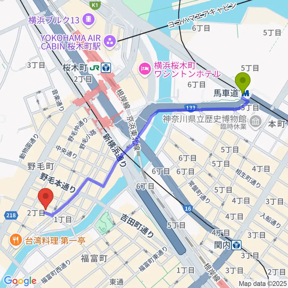 馬車道駅からJazz Spot DOLPHYへのルートマップ地図