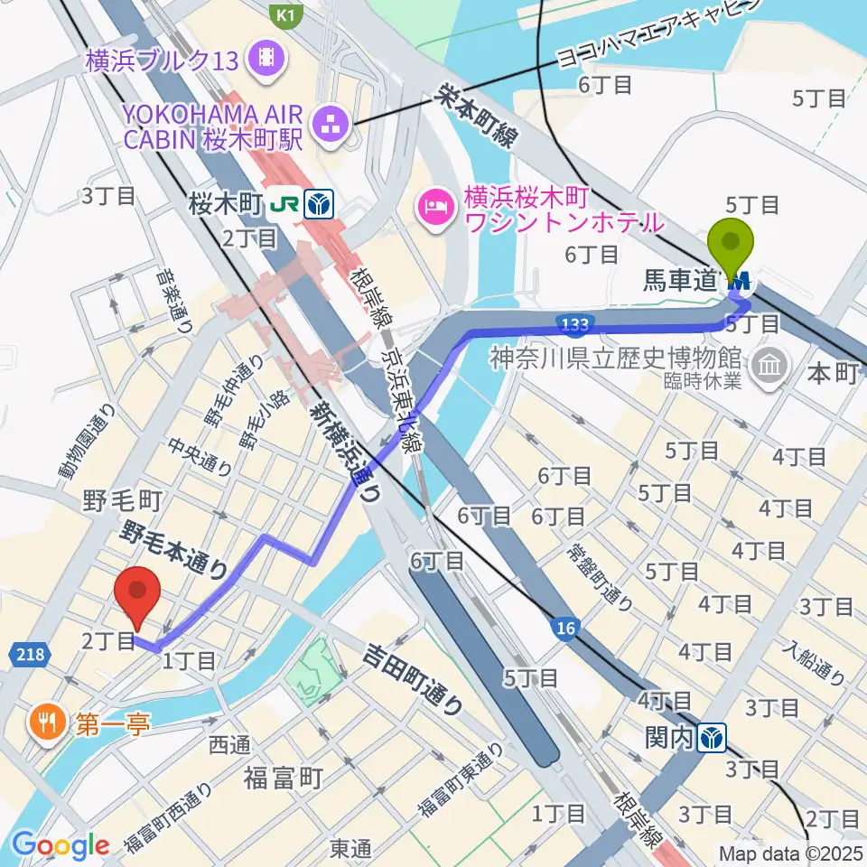 馬車道駅からJazz Spot DOLPHYへのルートマップ地図
