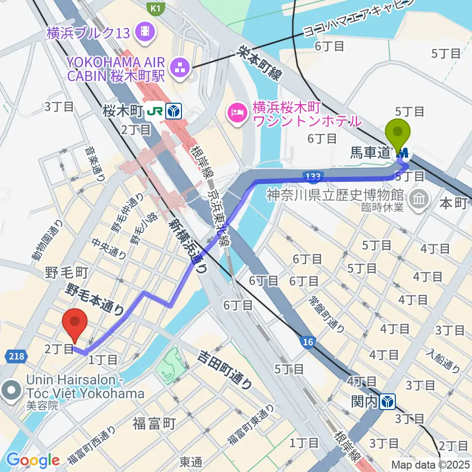 馬車道駅からJazz Spot DOLPHYへのルートマップ地図