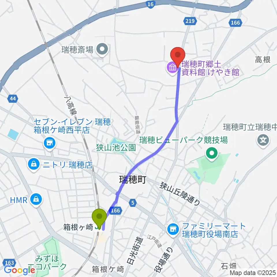 耕心館の最寄駅箱根ケ崎駅からの徒歩ルート（約20分）地図