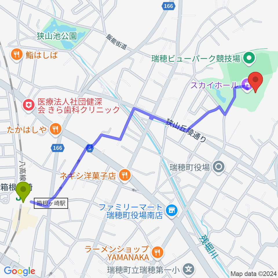 瑞穂ビューパーク・スカイホールの最寄駅箱根ケ崎駅からの徒歩ルート（約14分）地図