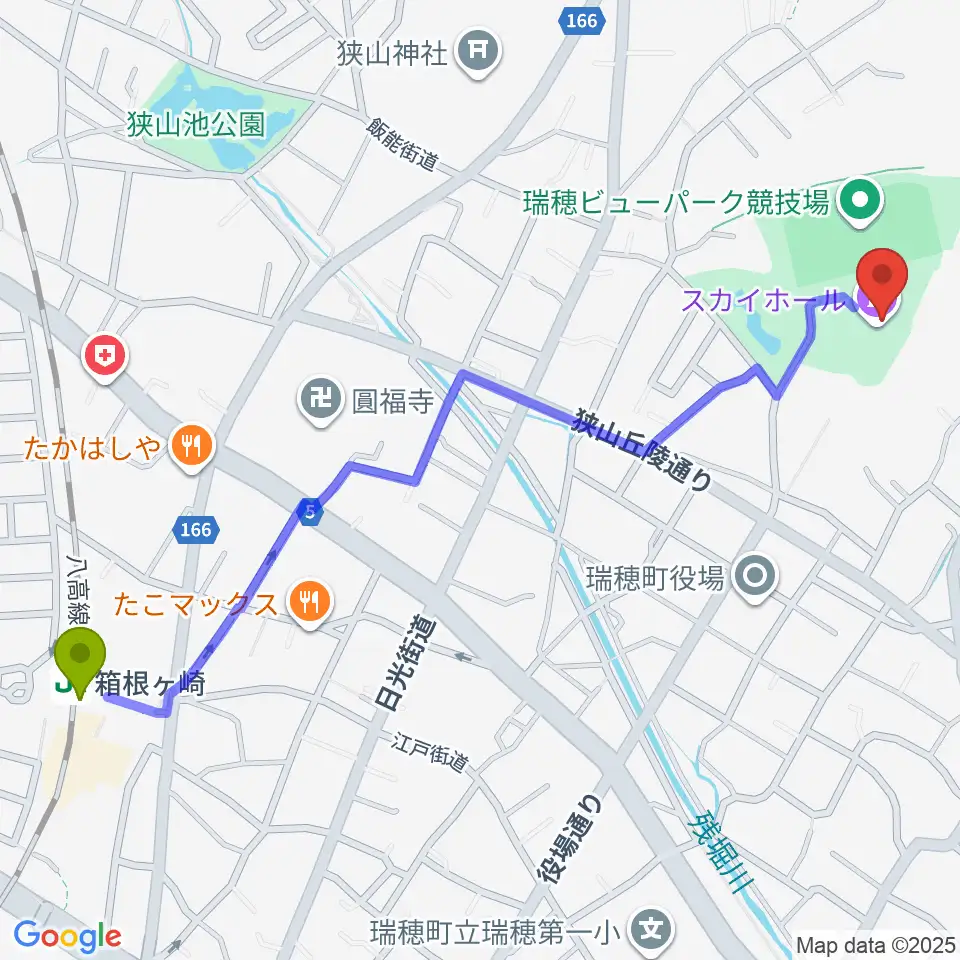 瑞穂ビューパーク・スカイホールの最寄駅箱根ケ崎駅からの徒歩ルート（約14分）地図