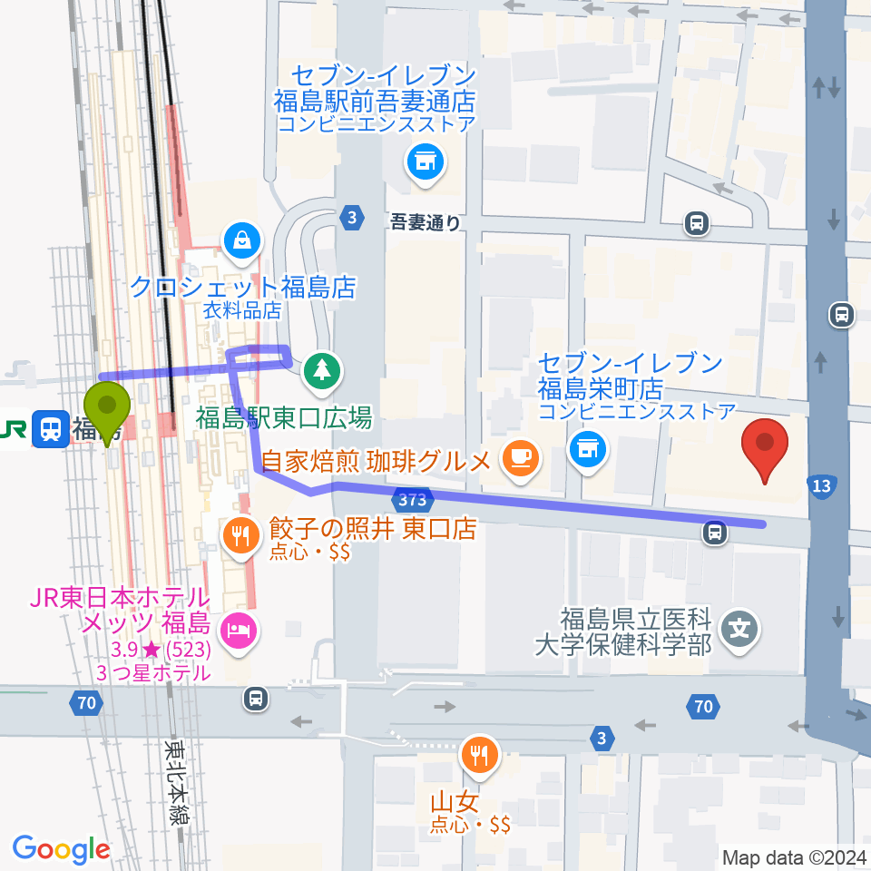 ユー・ワンミュージックの最寄駅福島駅からの徒歩ルート（約6分）地図