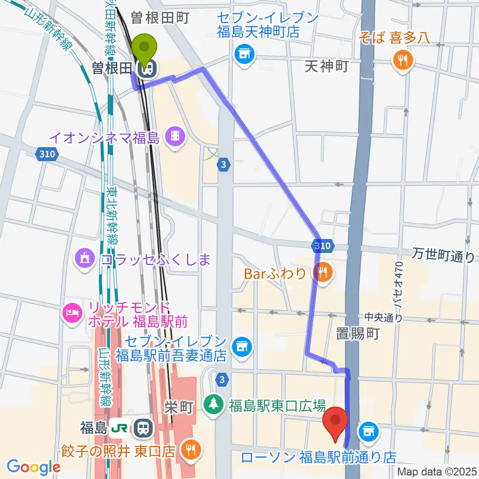 曽根田駅からユー・ワンミュージックへのルートマップ地図