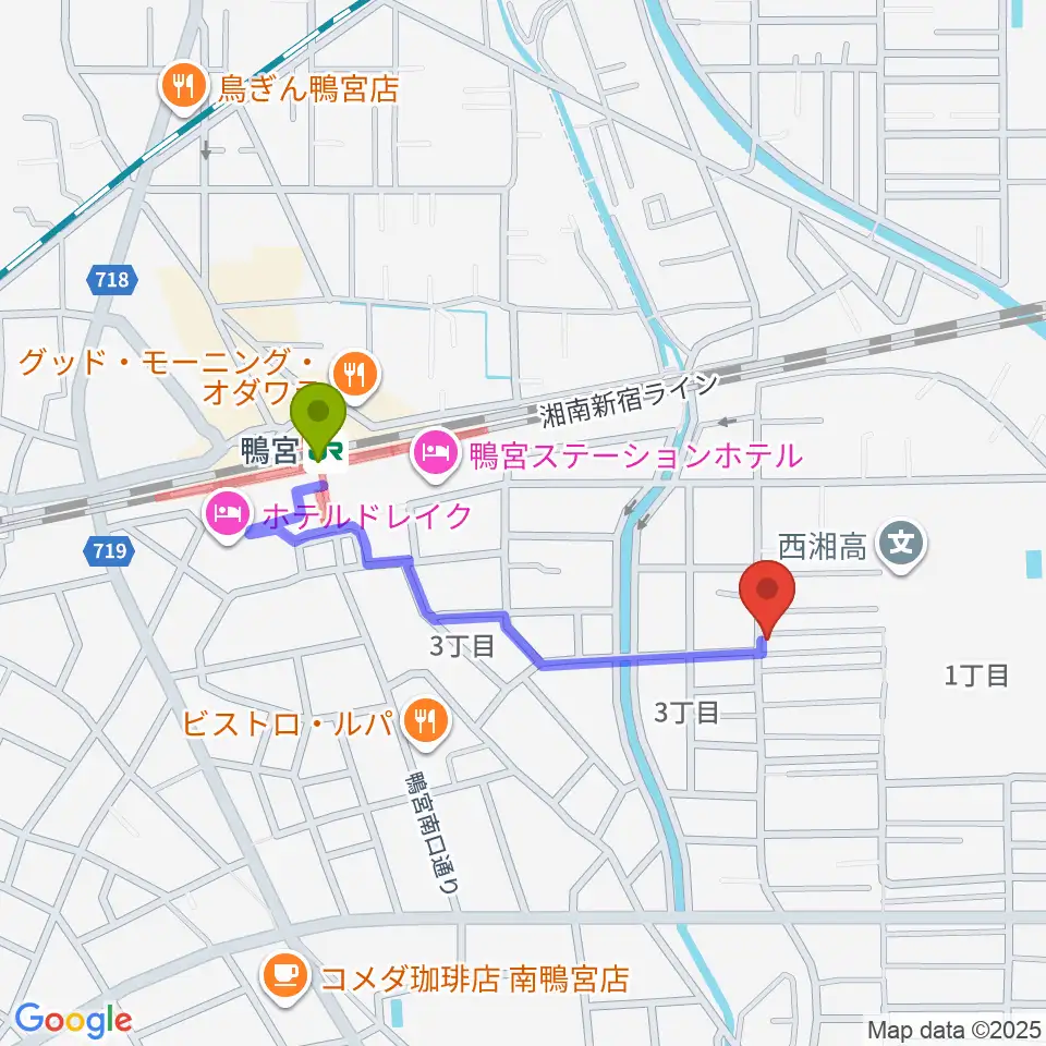 小田原姿麗人の最寄駅鴨宮駅からの徒歩ルート（約7分）地図