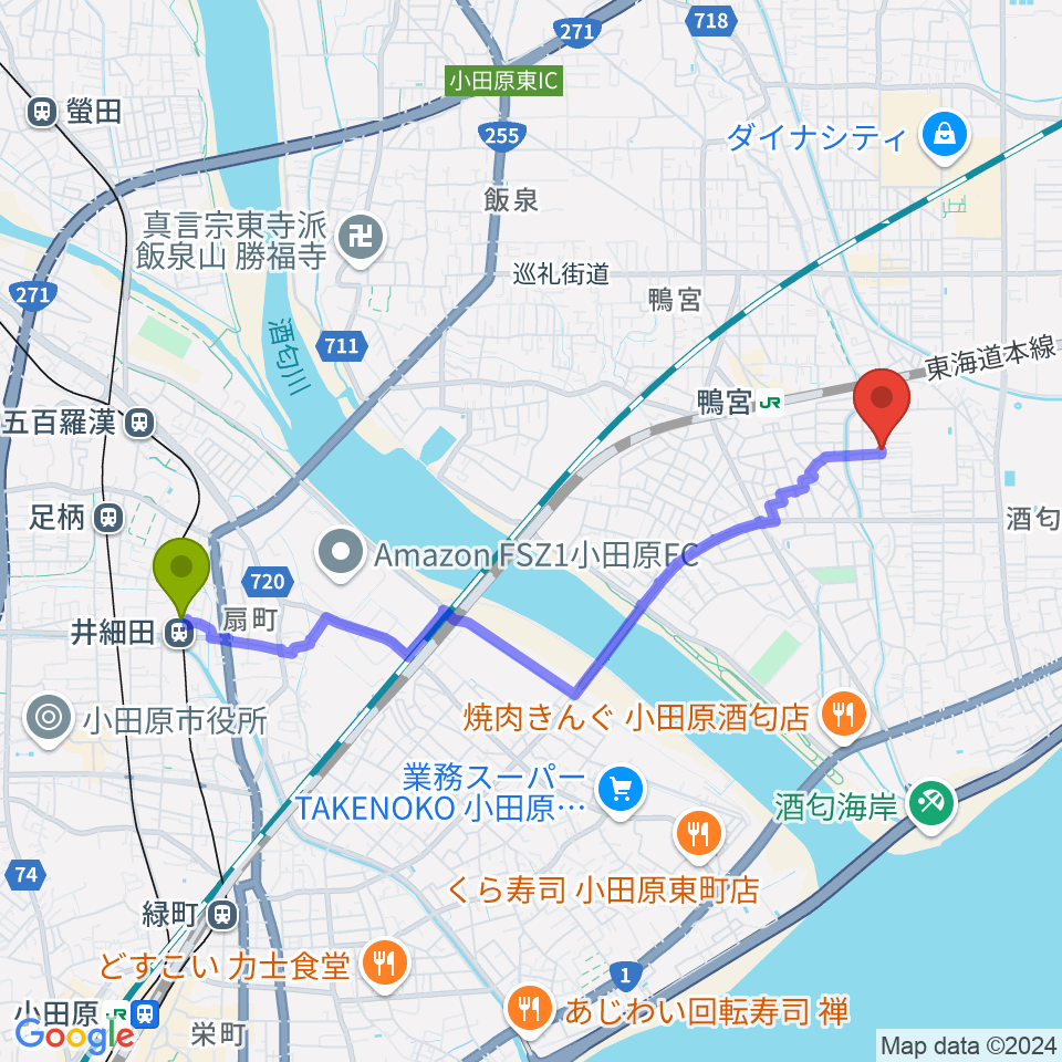 井細田駅から小田原姿麗人へのルートマップ地図