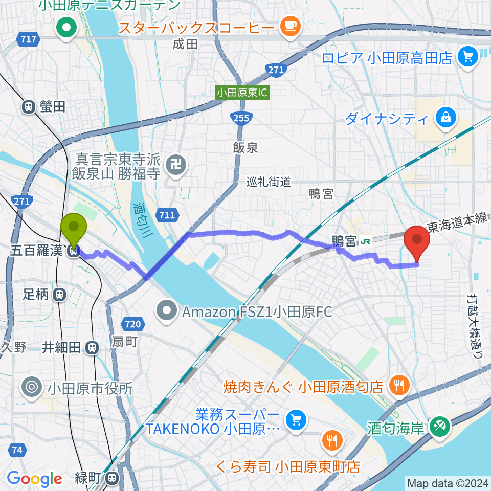 五百羅漢駅から小田原姿麗人へのルートマップ地図