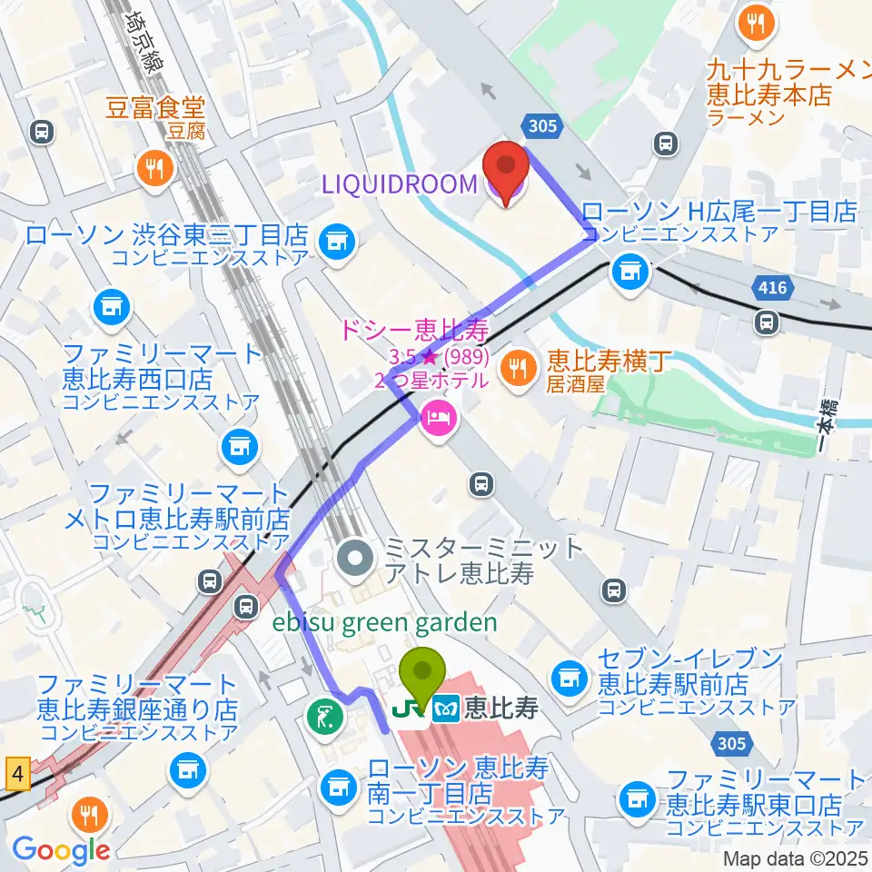 恵比寿リキッドルームの最寄駅恵比寿駅からの徒歩ルート（約5分）地図