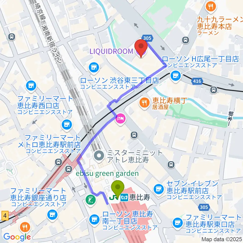 恵比寿リキッドルームの最寄駅恵比寿駅からの徒歩ルート（約5分）地図