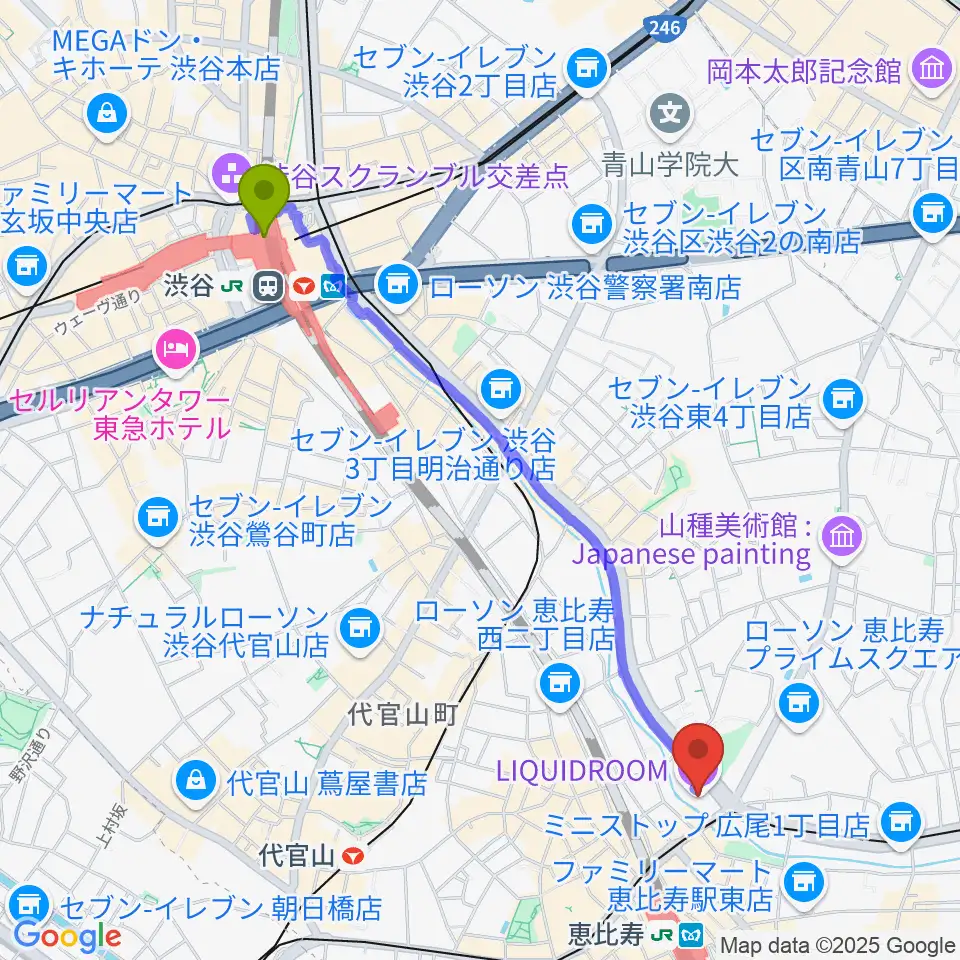 渋谷駅から恵比寿リキッドルームへのルートマップ地図