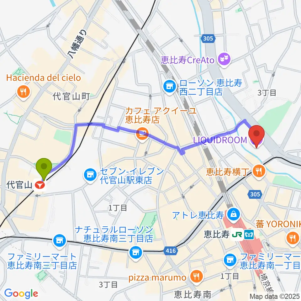 代官山駅から恵比寿リキッドルームへのルートマップ地図