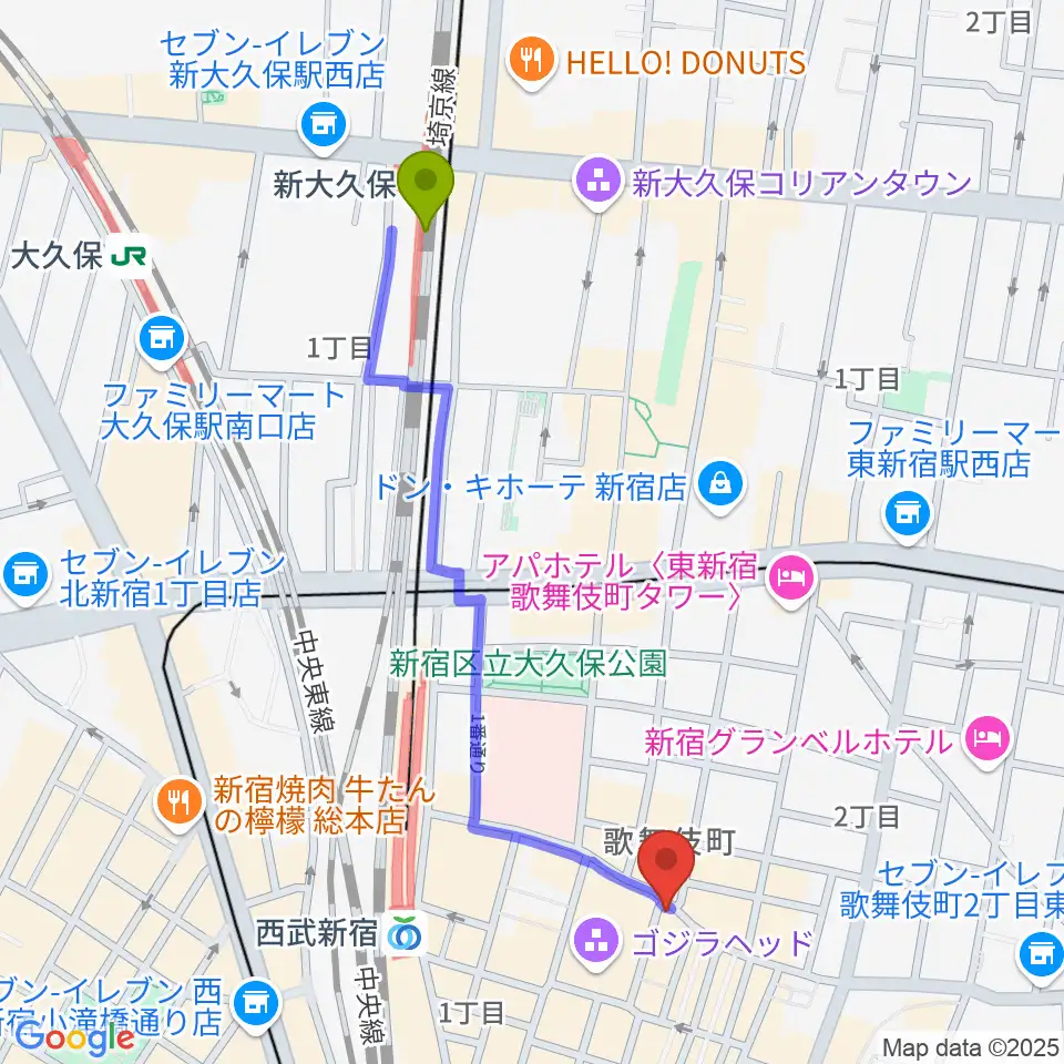 新大久保駅から新宿ロフトへのルートマップ地図