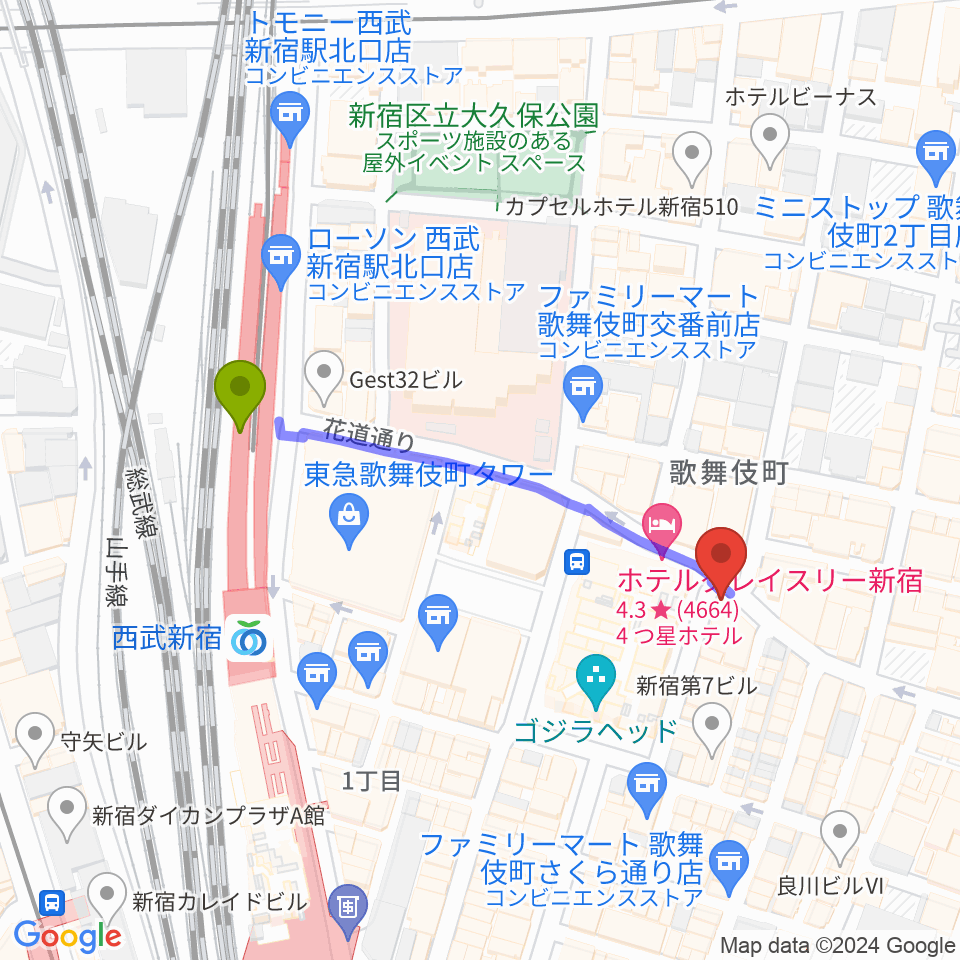 新宿ロフトの最寄駅西武新宿駅からの徒歩ルート（約4分）地図