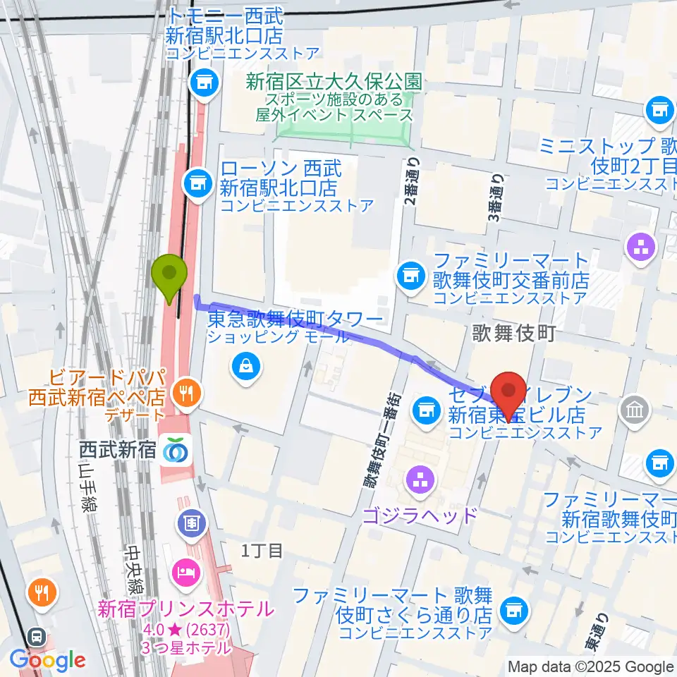 新宿ロフトの最寄駅西武新宿駅からの徒歩ルート（約4分）地図