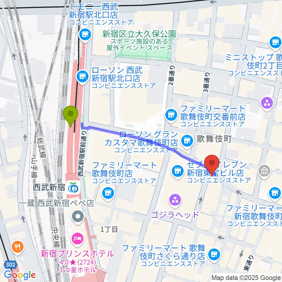 新宿ロフトの最寄駅西武新宿駅からの徒歩ルート（約4分）地図