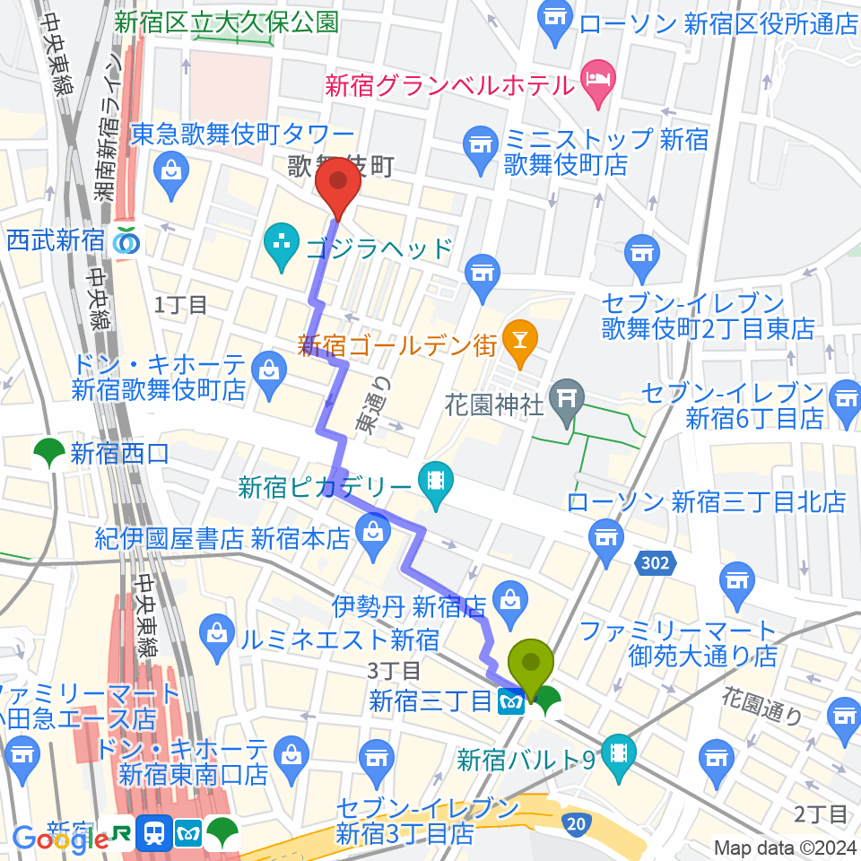 新宿三丁目駅から新宿ロフトへのルートマップ地図