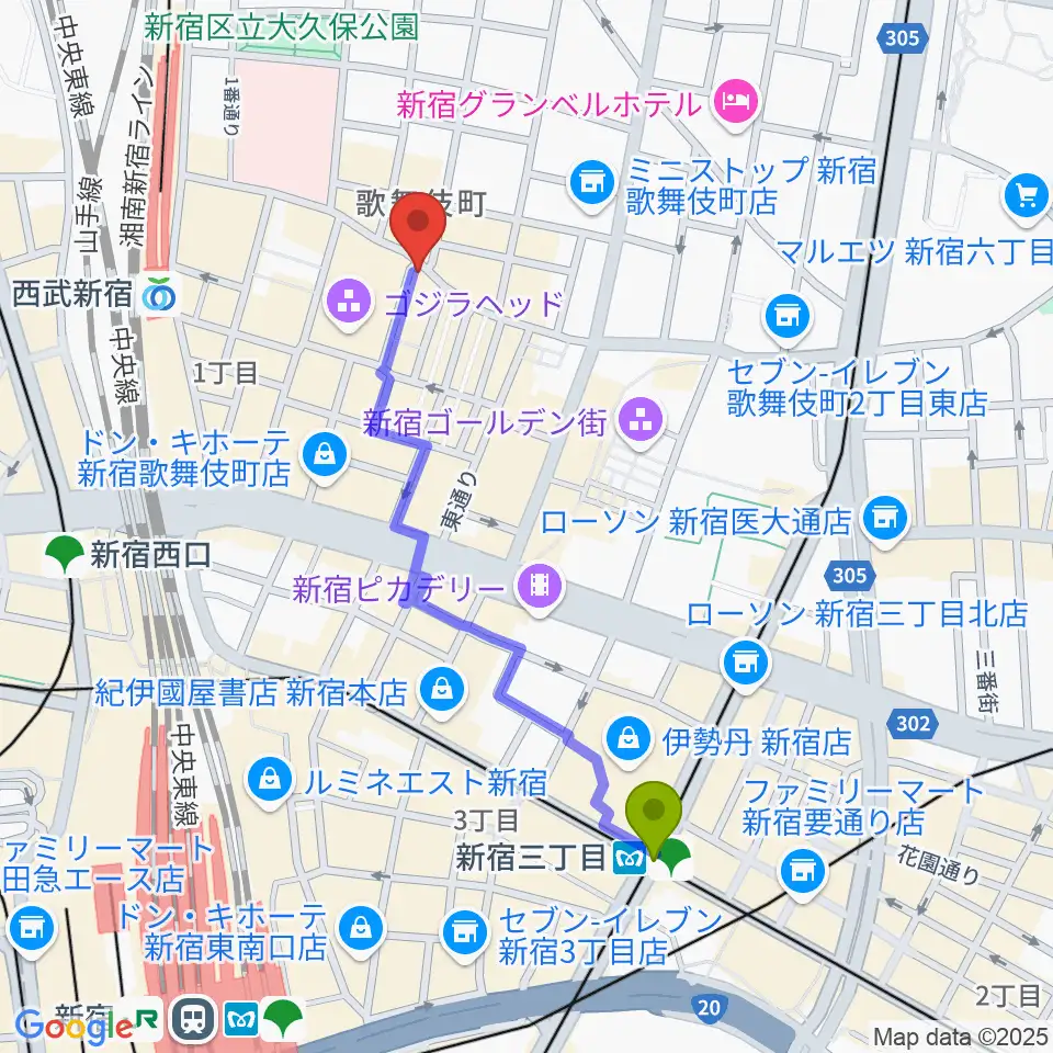 新宿三丁目駅から新宿ロフトへのルートマップ地図