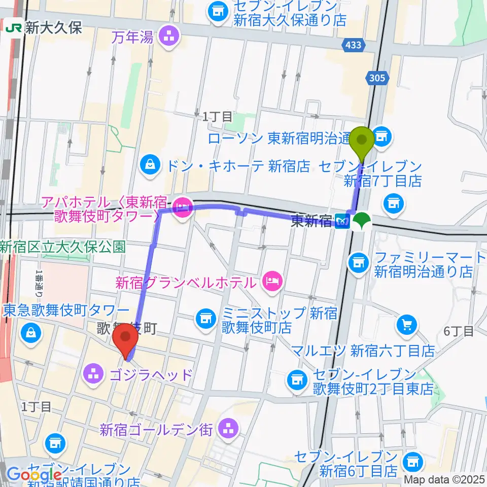 東新宿駅から新宿ロフトへのルートマップ地図