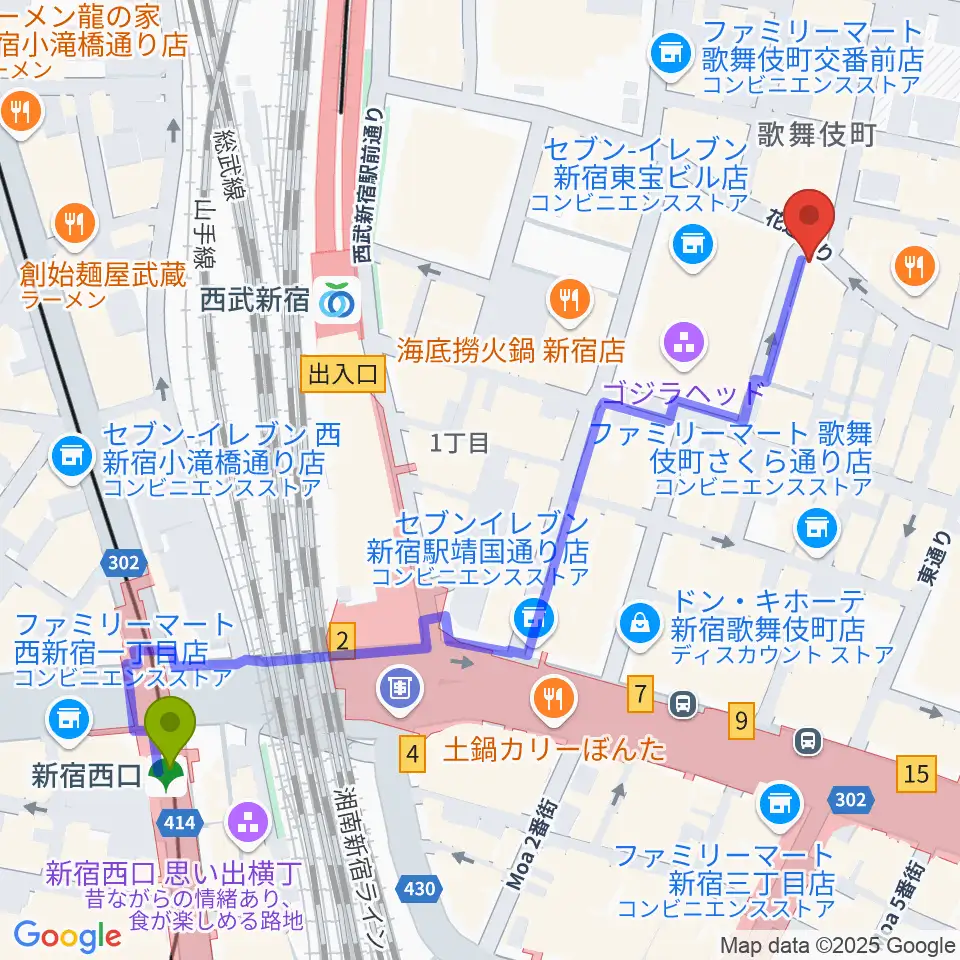 新宿西口駅から新宿ロフトへのルートマップ地図