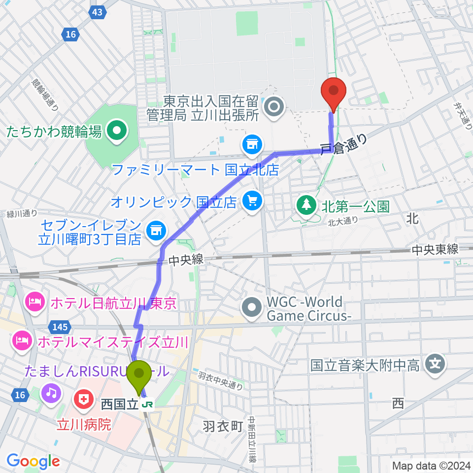 マーヴェラスギタースクールの最寄駅西国立駅からの徒歩ルート（約22分）地図