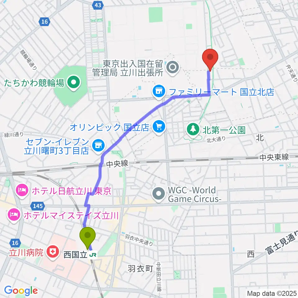 マーヴェラスギタースクールの最寄駅西国立駅からの徒歩ルート（約22分）地図