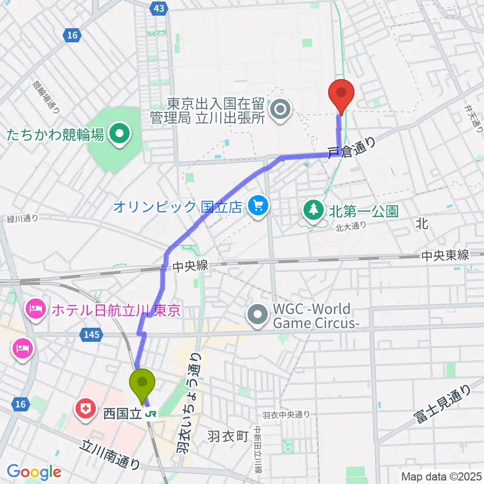 マーヴェラスギタースクールの最寄駅西国立駅からの徒歩ルート（約22分）地図
