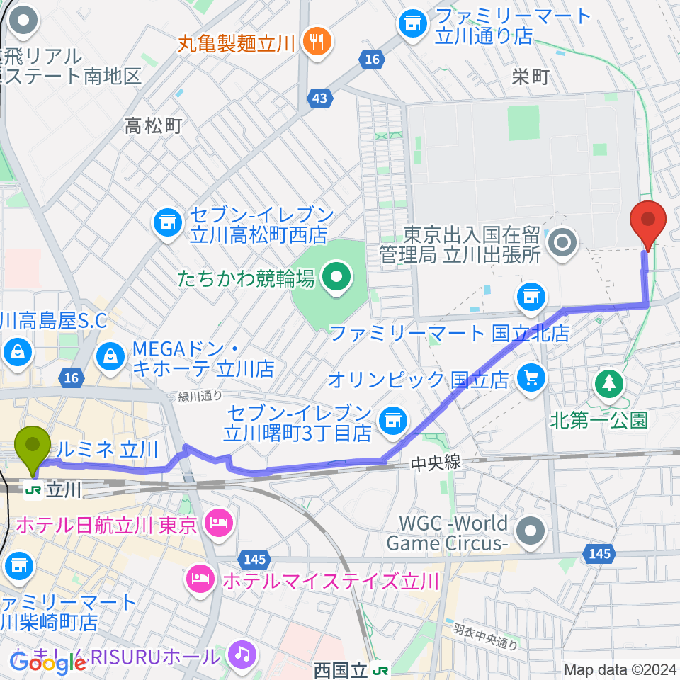 立川駅からマーヴェラスギタースクールへのルートマップ地図