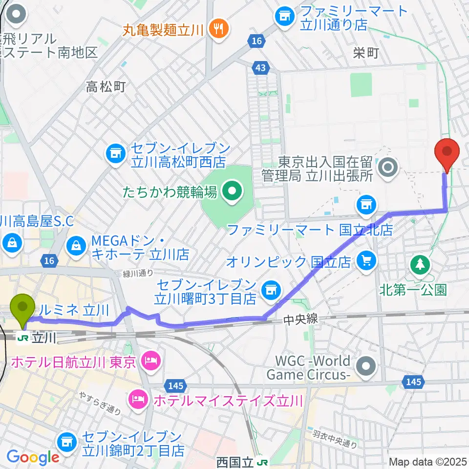 立川駅からマーヴェラスギタースクールへのルートマップ地図