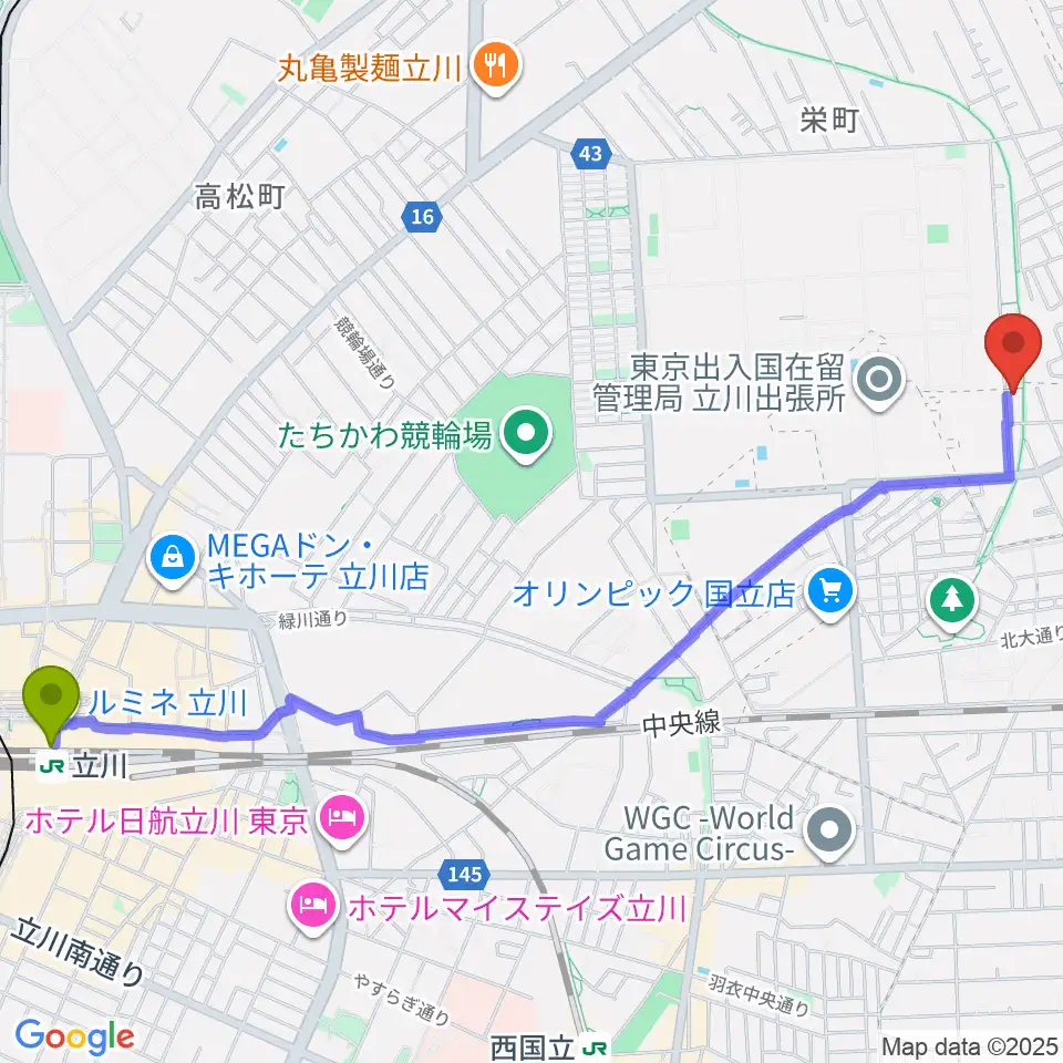 立川駅からマーヴェラスギタースクールへのルートマップ地図