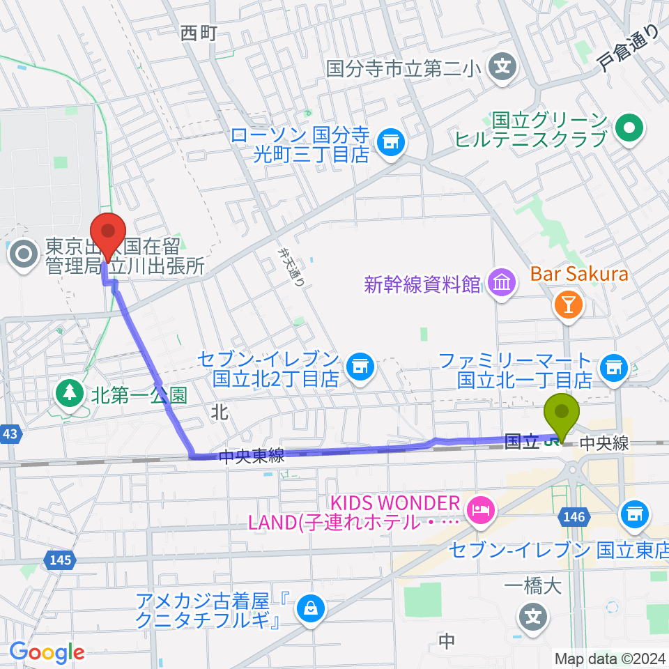 国立駅からマーヴェラスギタースクールへのルートマップ地図