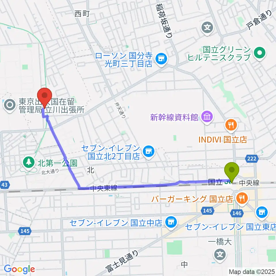 国立駅からマーヴェラスギタースクールへのルートマップ地図