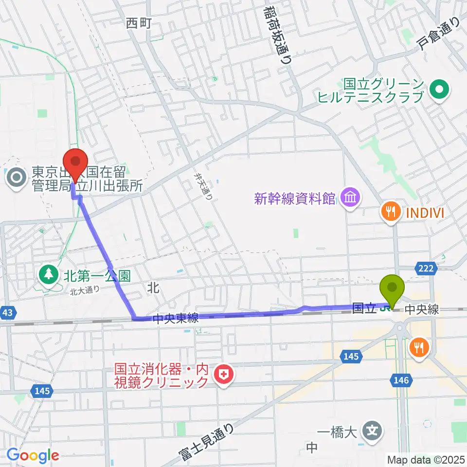 国立駅からマーヴェラスギタースクールへのルートマップ地図