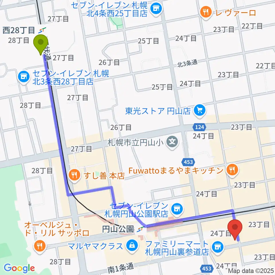 西２８丁目駅から札幌リボルバー909へのルートマップ地図