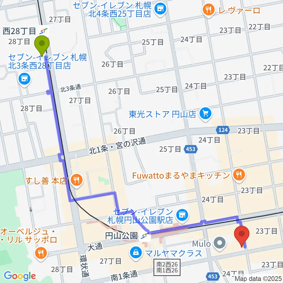 西２８丁目駅から札幌リボルバー909へのルートマップ地図