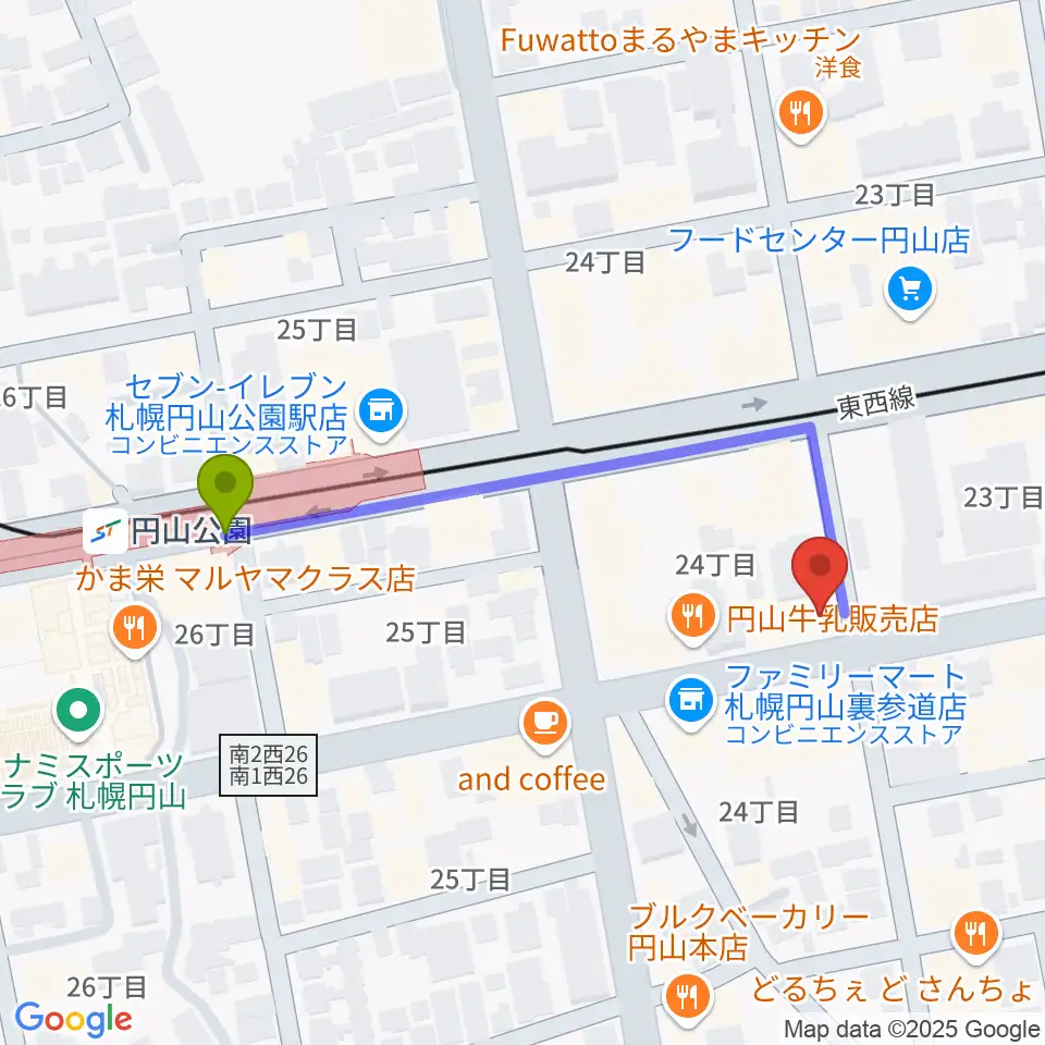 札幌リボルバー909の最寄駅円山公園駅からの徒歩ルート（約4分）地図