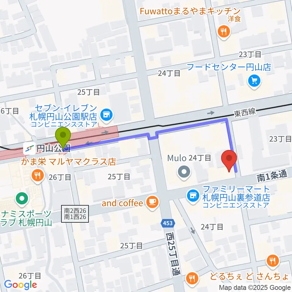 札幌リボルバー909の最寄駅円山公園駅からの徒歩ルート（約4分）地図
