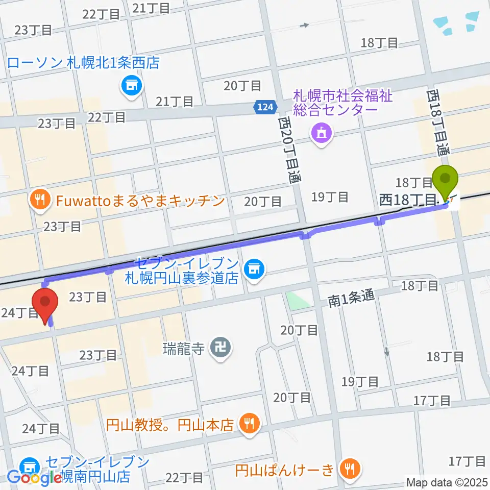西１８丁目駅から札幌リボルバー909へのルートマップ地図